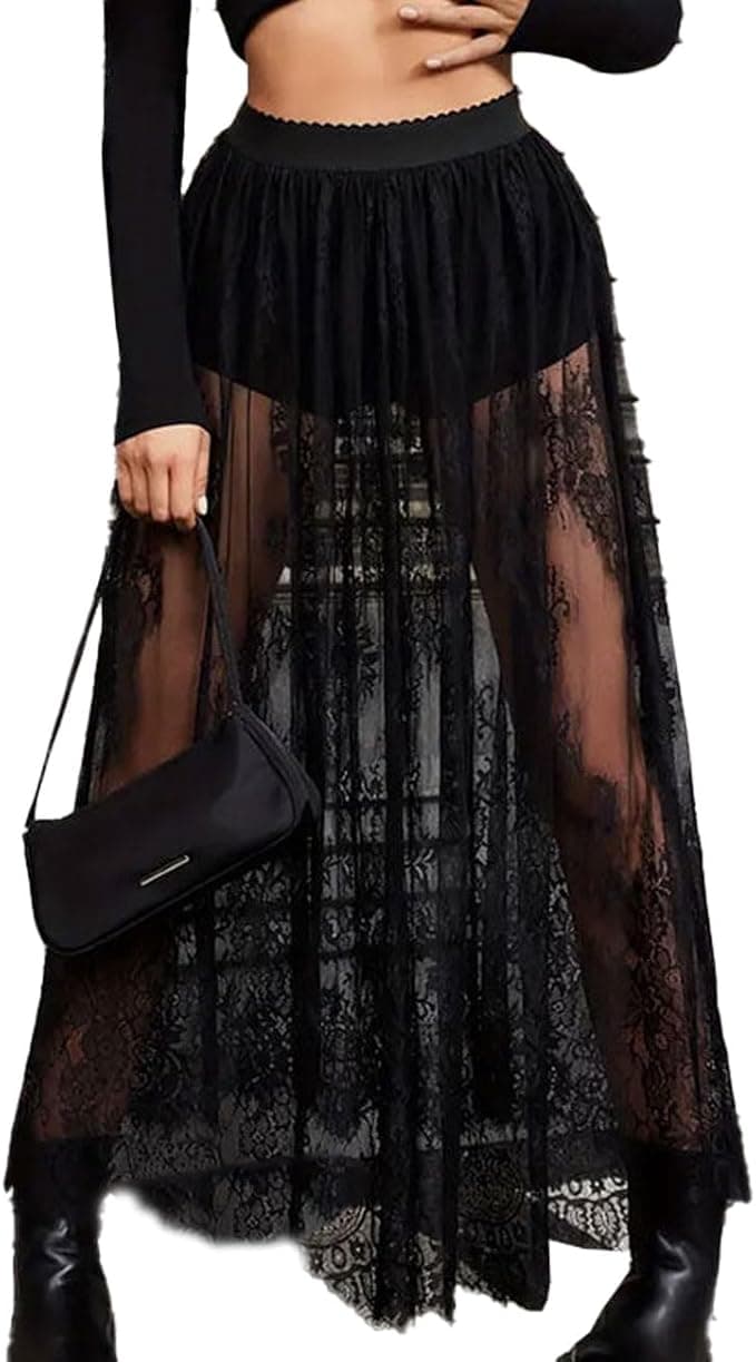 Jupe Longue Femmes, Maxi Semi-Transparente Dentelle